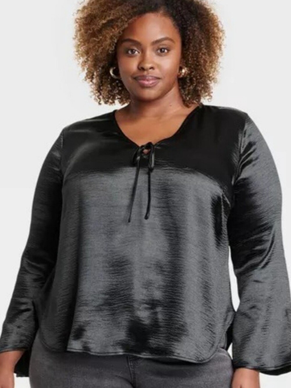Ava & Viv Plus Size Black Satin Tie-Neck Long Sleeve Top NWOT 2X